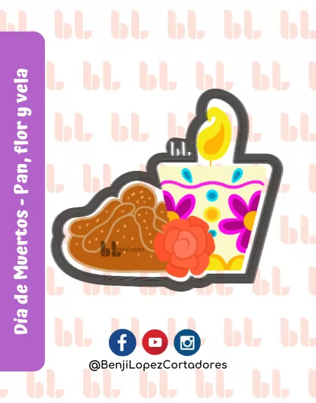 Cortador de galletas - Pan,flor y vela - Día de muertos -Diseño
